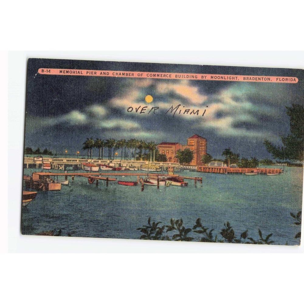 Vintage Memorial Pier Chamber of Commerce Moonlight Bradenton Florida Postcard